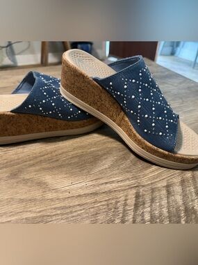 Bzees Blue Studded Cork Wedge Slide